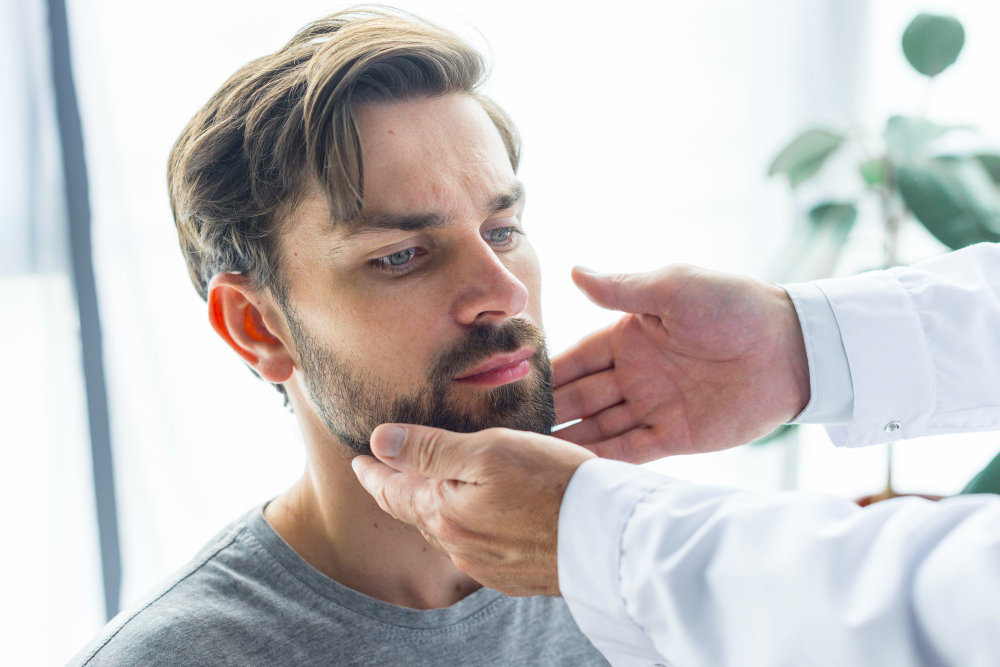 CMD Therapie in Fürth: Physiotherapeut untersucht das Kiefergelenk eines Patienten