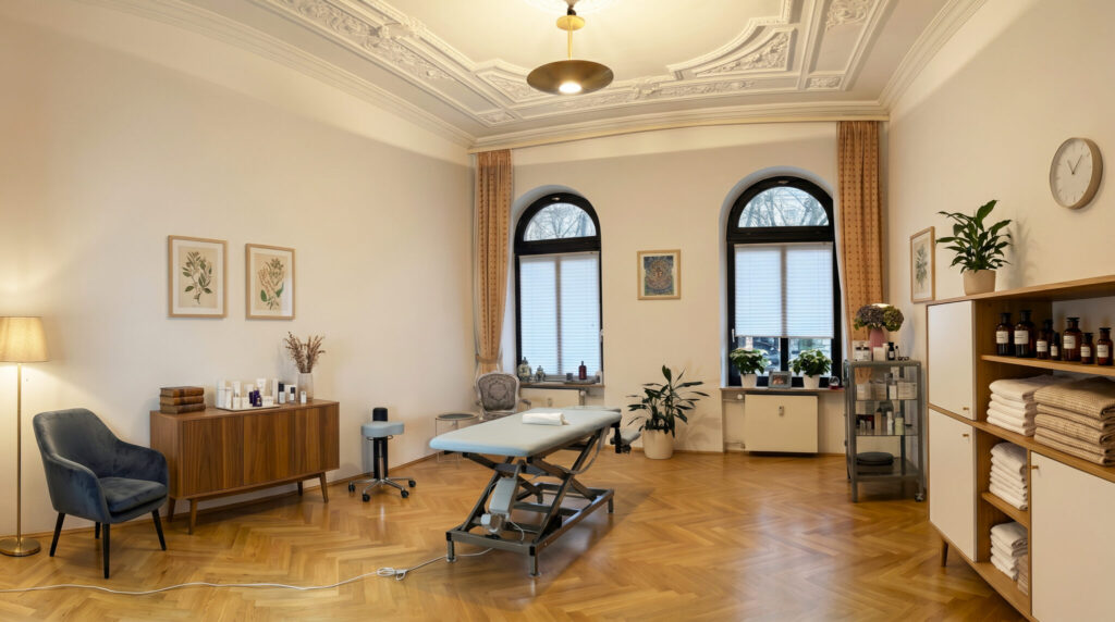 Behandlungsraum der Physiotherapiepraxis Physio balancevivo in Fürth mit Stuckdecke, Rundbogenfenstern und Therapieliege