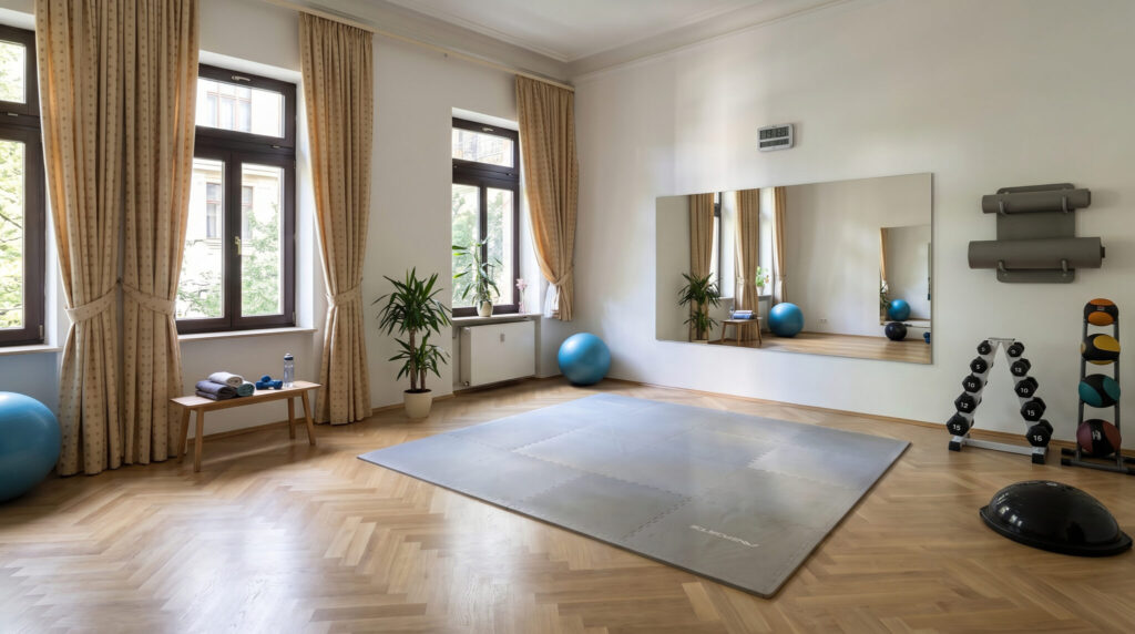 Trainingsraum der Physiotherapiepraxis in Fürth mit Spiegelwand, Trainingsmatte und Gymnastikbällen